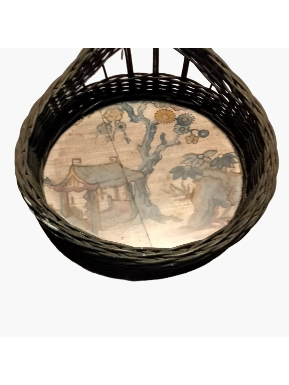 Antique Wicker Basket Asian Fabric Lined Glass Bottom Cottage Easter Farmhouse